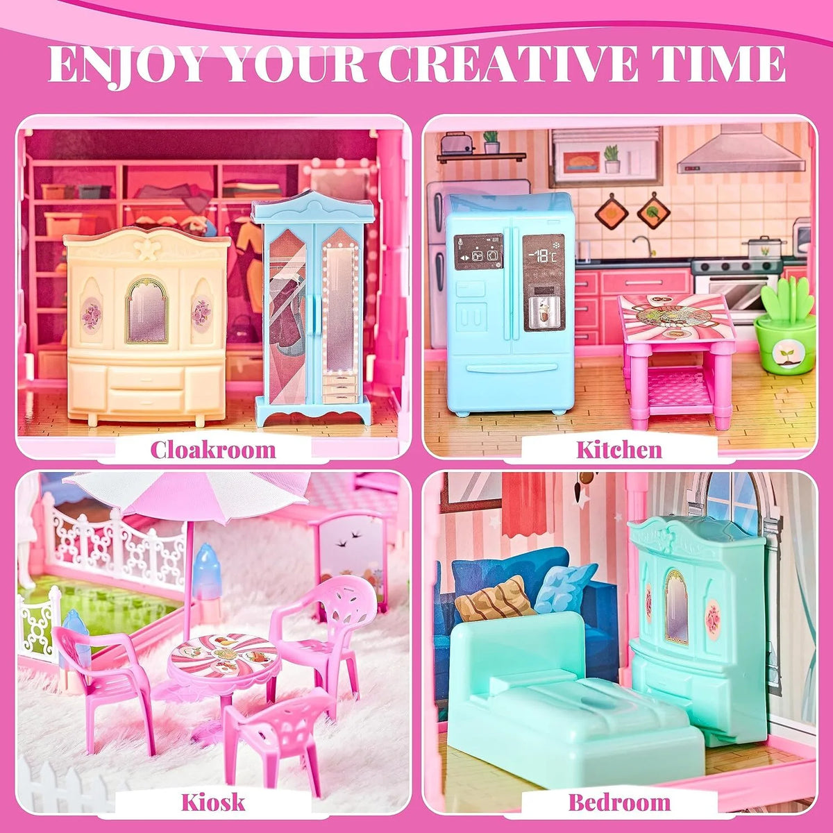 275PCS Dollhouse Kit with 11 Room Furniture Pink Princess Castle Playhouse M82580