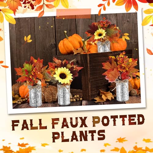 6 Pack Fall Faux Potted Plants Artificial Maple Leaf Picks in Metal Pots W171673
