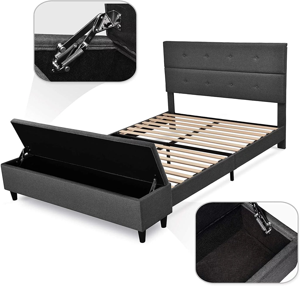 Queen Platform Bed Frame with Storage Bench and Headboard Gray U301932