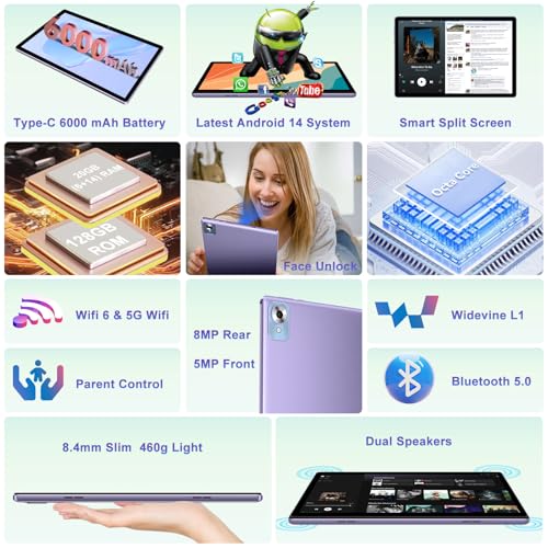 Android 14 Tablet with Keyboard 20GB+128GB 10.1 Inch Octa-Core 2-in-1 HD IPS Display Black P388
