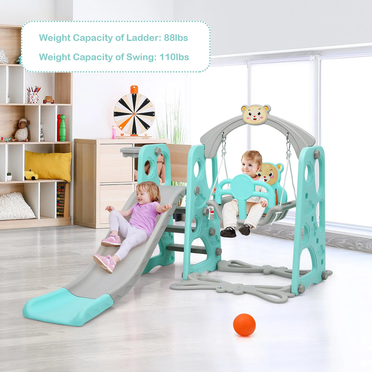 4-in-1 Toddler Climber and Swing Set with Basketball Hoop D655