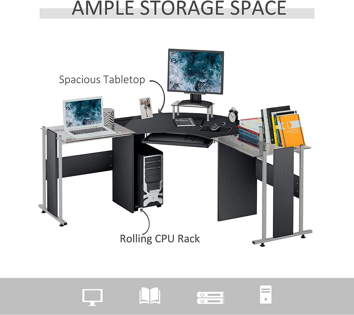 69" L-Shaped Tempered Glass Computer Desk with Monitor Stand Black Y84774