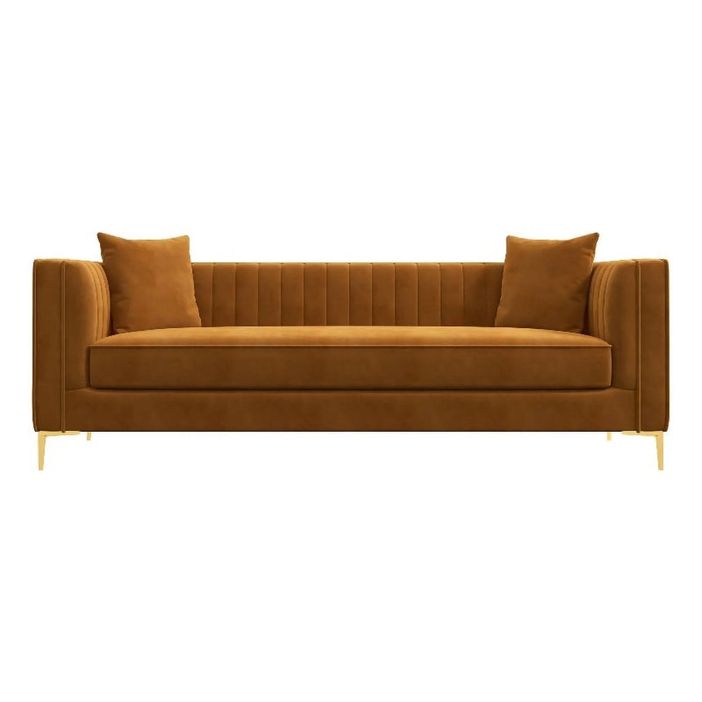 Cognac Tan Velvet Square Arm Couch N3766