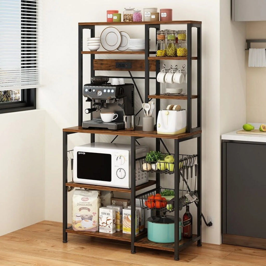 6 Layers Vintage Kitchen Baker's Rack with 10 S Hooks and Outlets R3522