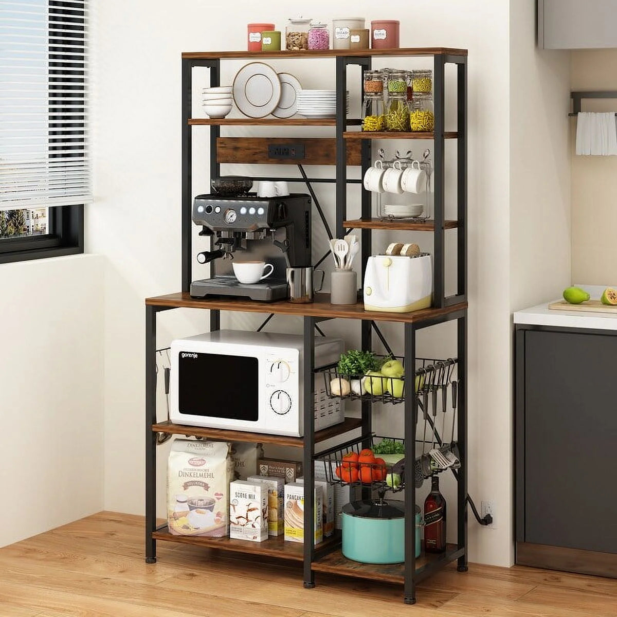 6 Layers Vintage Kitchen Baker's Rack with 10 S Hooks and Outlets R3522