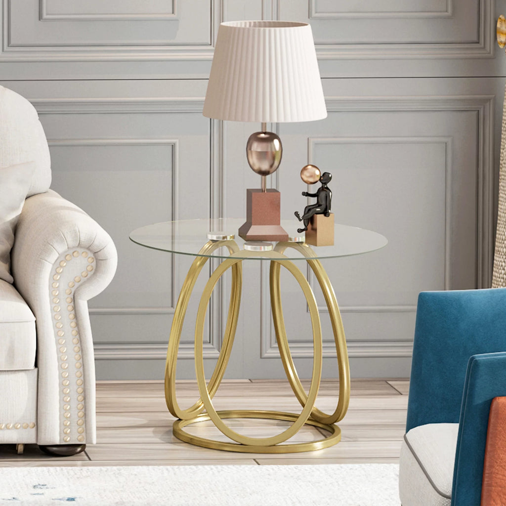 Modern Glass Round End Table with Gold Metal Frame A64887