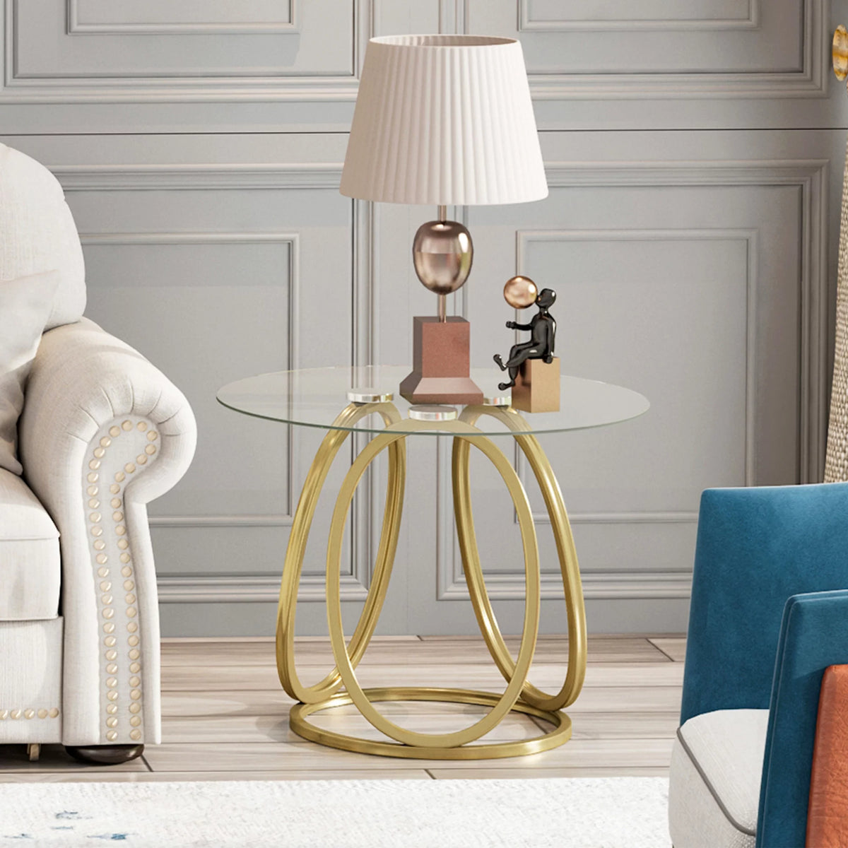 Modern Glass Round End Table with Gold Metal Frame A64887
