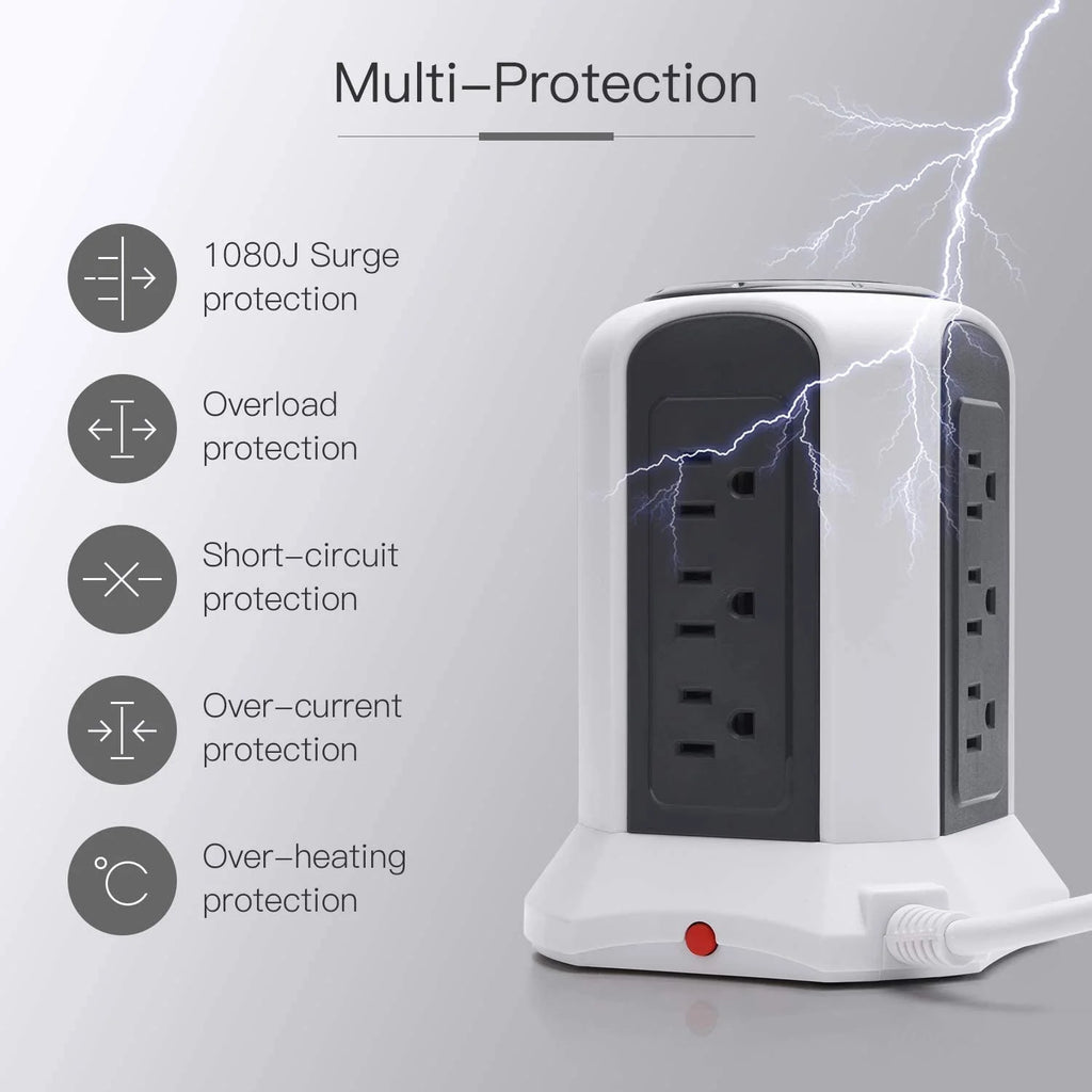 10ft Power Strip Tower Wireless Charger Surge Protector USB Charging Station G3510