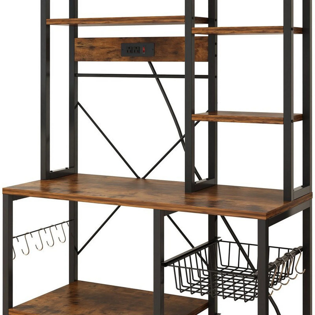 6 Layers Vintage Kitchen Baker's Rack with 10 S Hooks and Outlets R3522