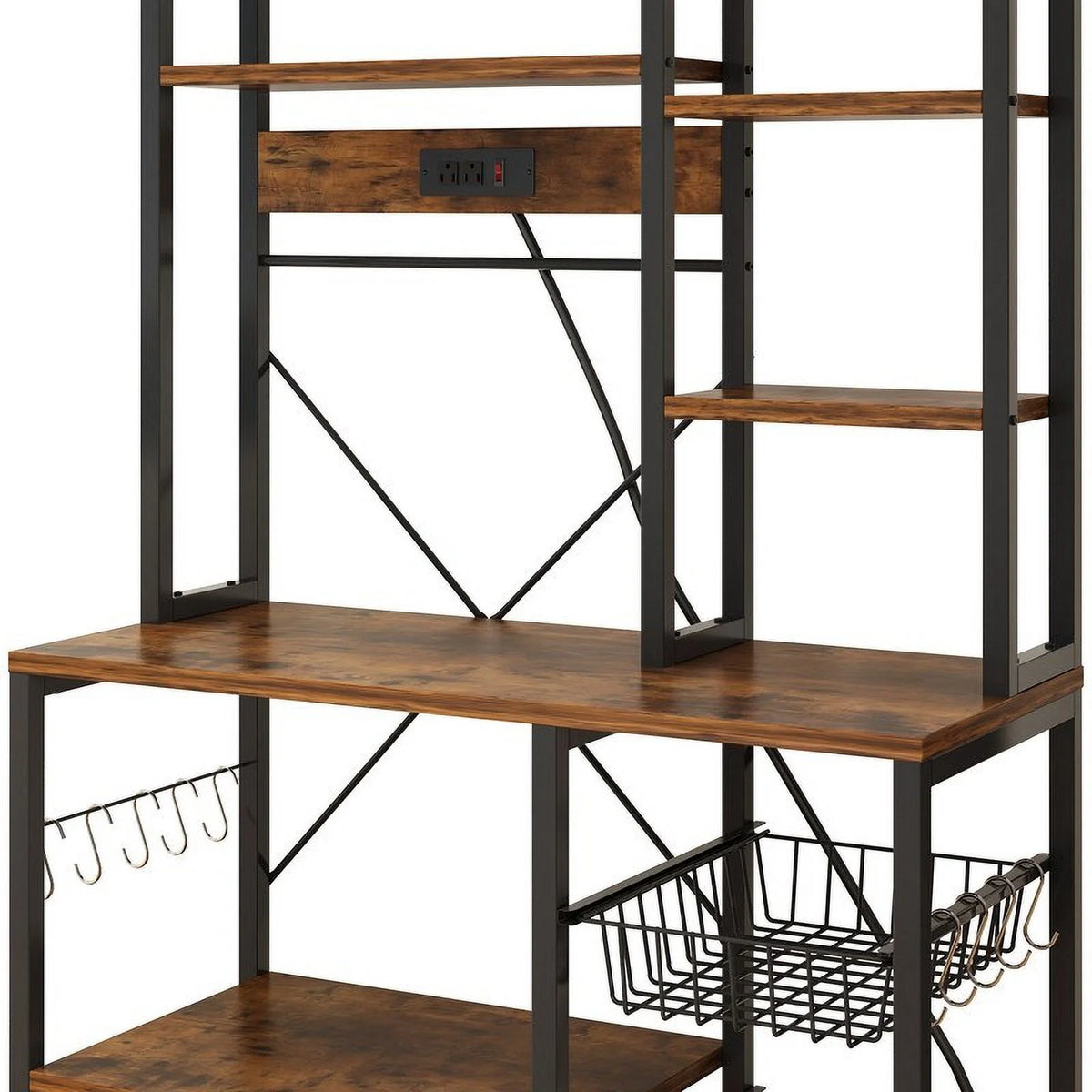 6 Layers Vintage Kitchen Baker's Rack with 10 S Hooks and Outlets R3522