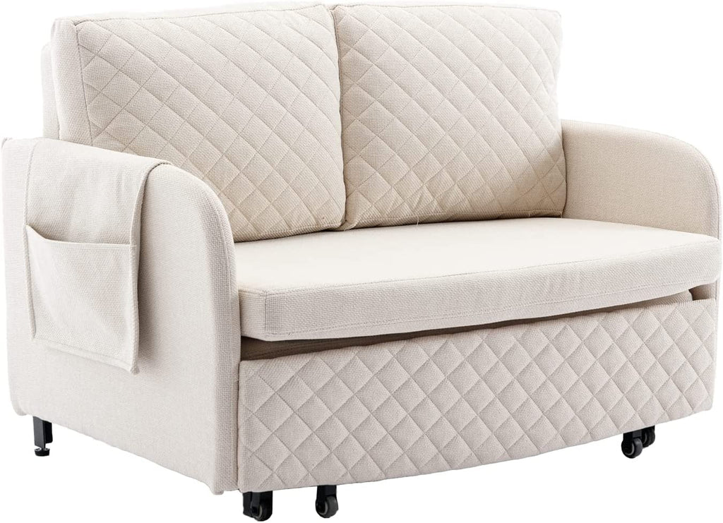 Mini Pull Out Couch Bed Twin Sleeper Sofa with Side Pocket Beige Linen U1984