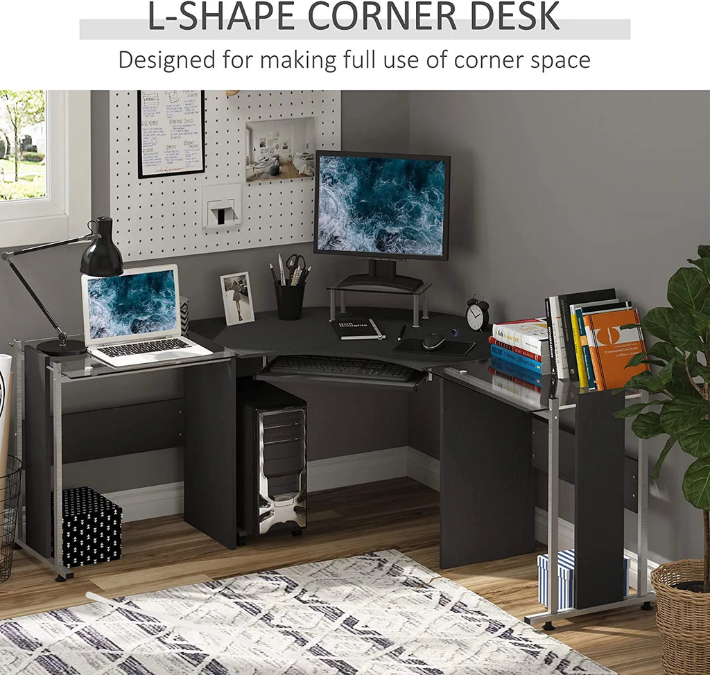 69" L-Shaped Tempered Glass Computer Desk with Monitor Stand Black Y84774