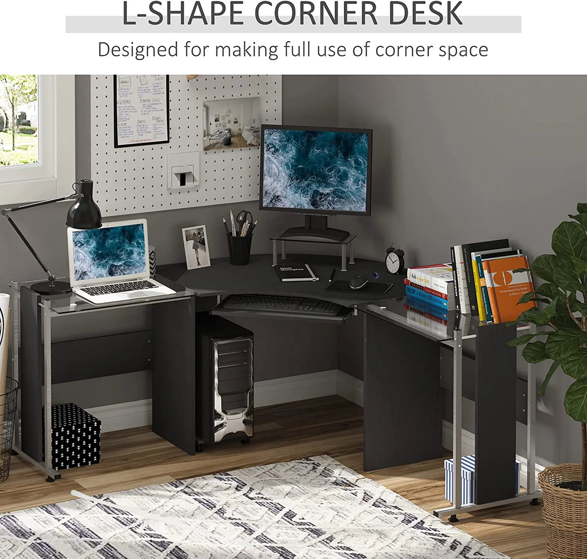 69" L-Shaped Tempered Glass Computer Desk with Monitor Stand Black Y84774