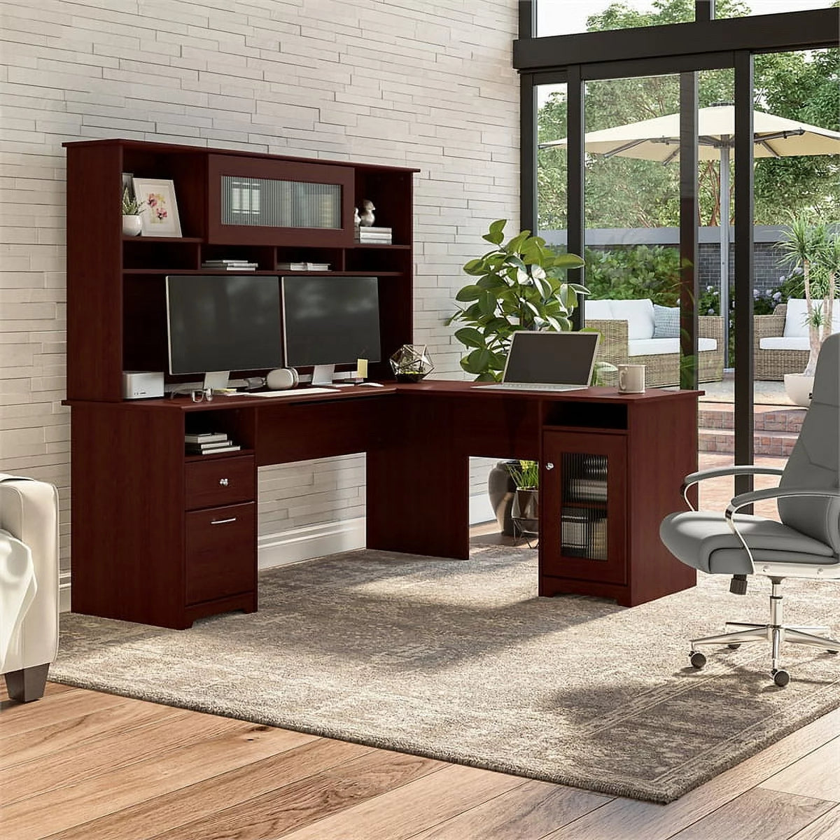 72W L Desk with Hutch in Harvest Cherry Engineered Wood J845