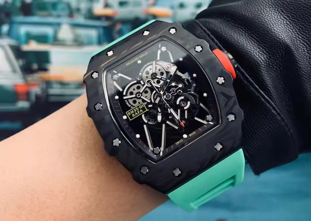 Black Bezel Red Markers Green Rubber Strap M111