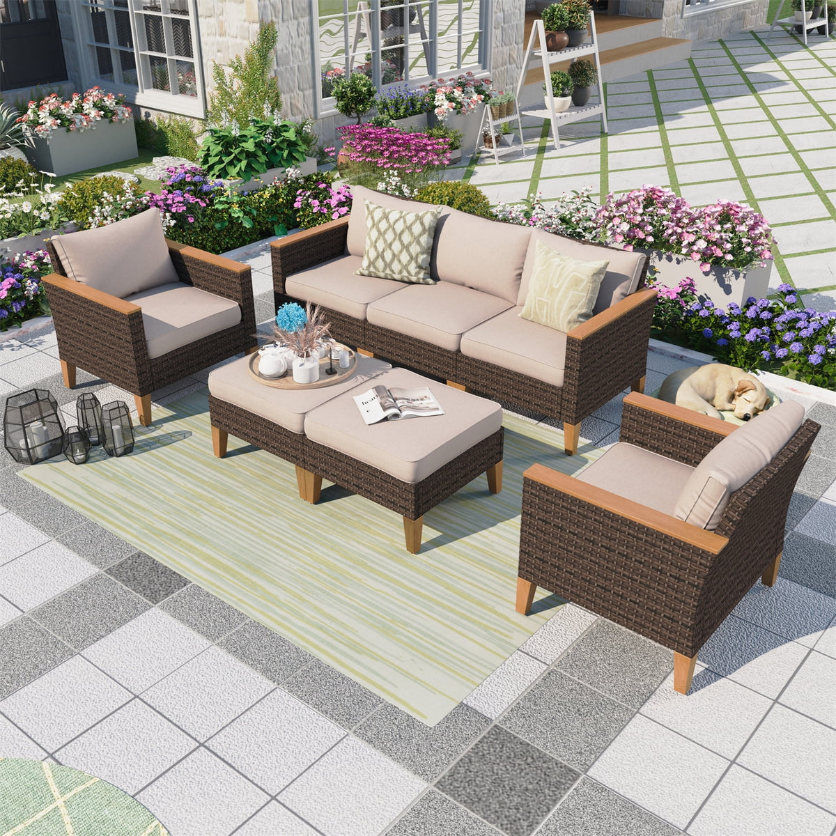 7 Piece Beige Wicker Patio Conversation Set Q5708