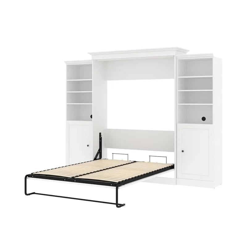 White Wood Queen Murphy Bed with 2 Organizers U7304