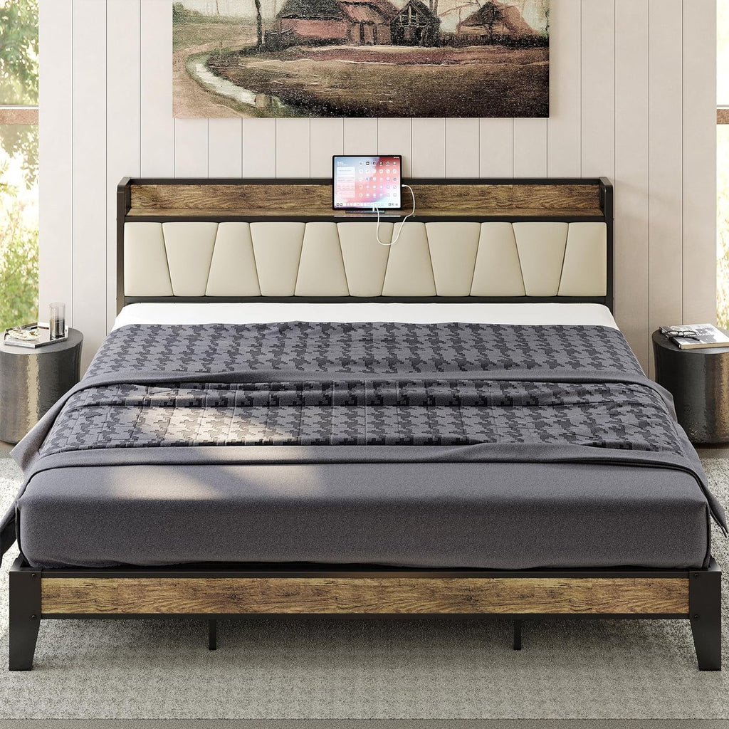 King Bed Frame with Storage Headboard and Charging Station Z6912