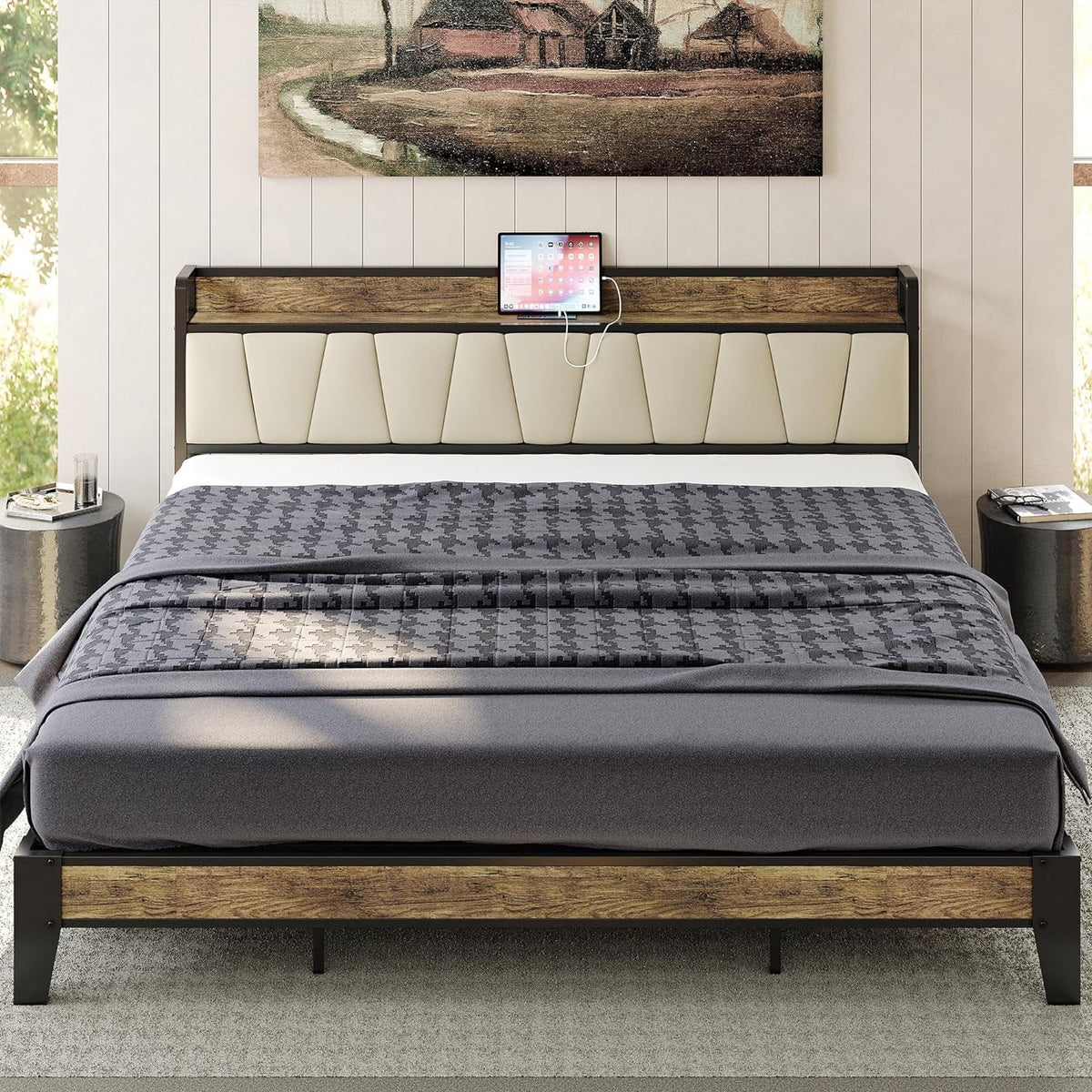 King Bed Frame with Storage Headboard and Charging Station Z6912