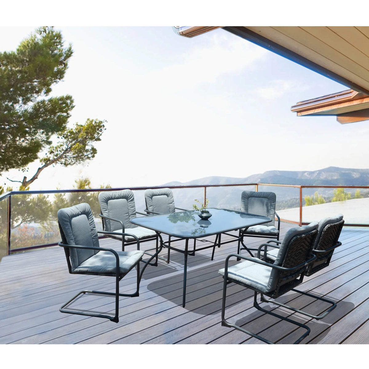 7 Pcs Wicker Dining Set with Tempered Glass Table K384