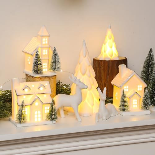 12 Pcs Ceramic Christmas Village Set with Lights M185