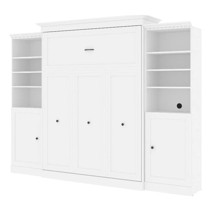 White Wood Queen Murphy Bed with 2 Organizers U7304