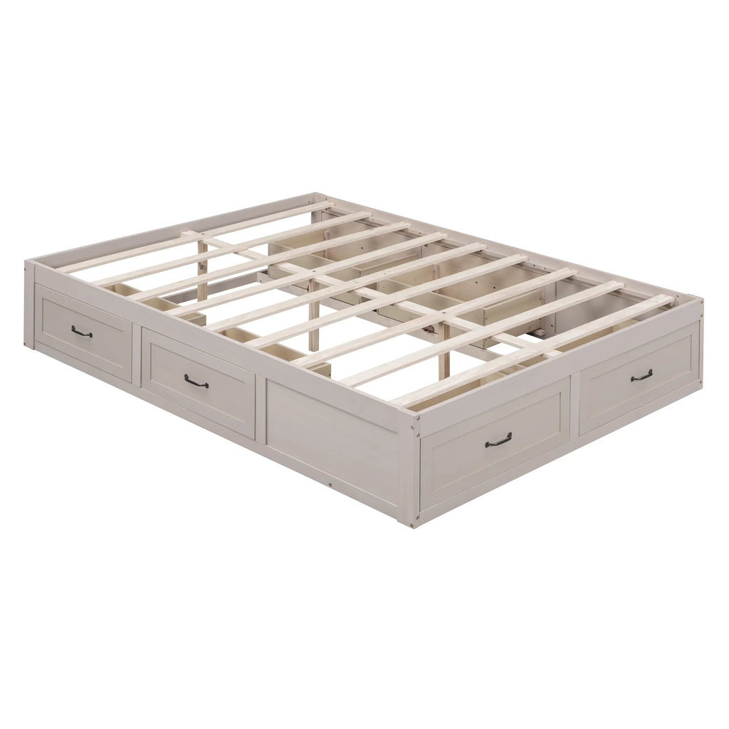 Antique White Wood Queen Size Platform Bed with 6 Drawers L16988