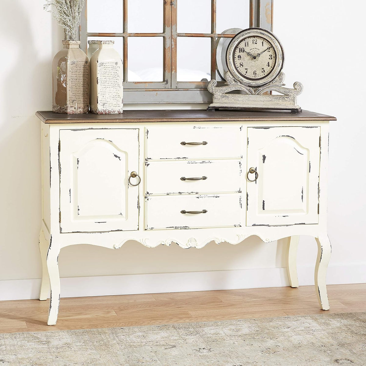 Beige & Brown Wood Cabinet with 3 Drawers & 2 Cabinets Z16947