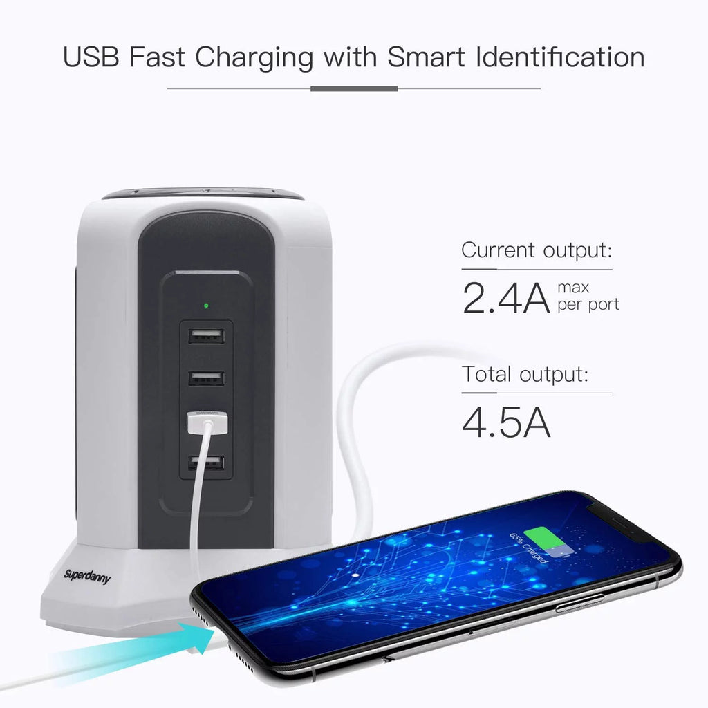10ft Power Strip Tower Wireless Charger Surge Protector USB Charging Station G3510