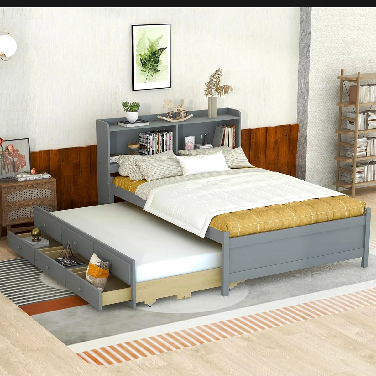 Gray Wood Full Bed Frame with Trundle and Drawers M388974