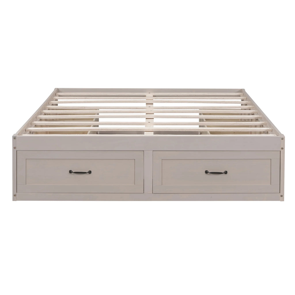 Antique White Wood Queen Size Platform Bed with 6 Drawers L16988