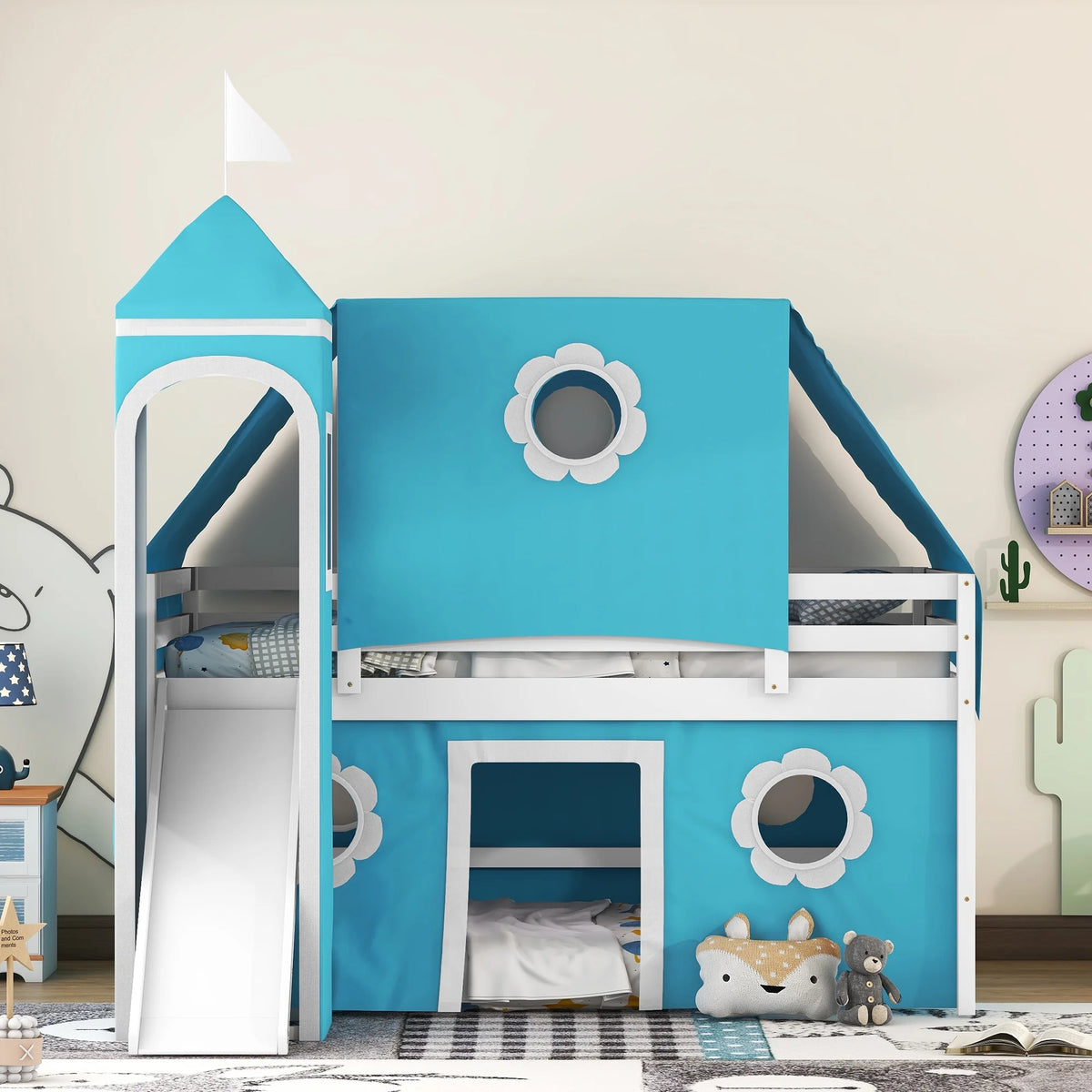 Full Size Bunk Bed with Slide Blue Tent and Tower P3115