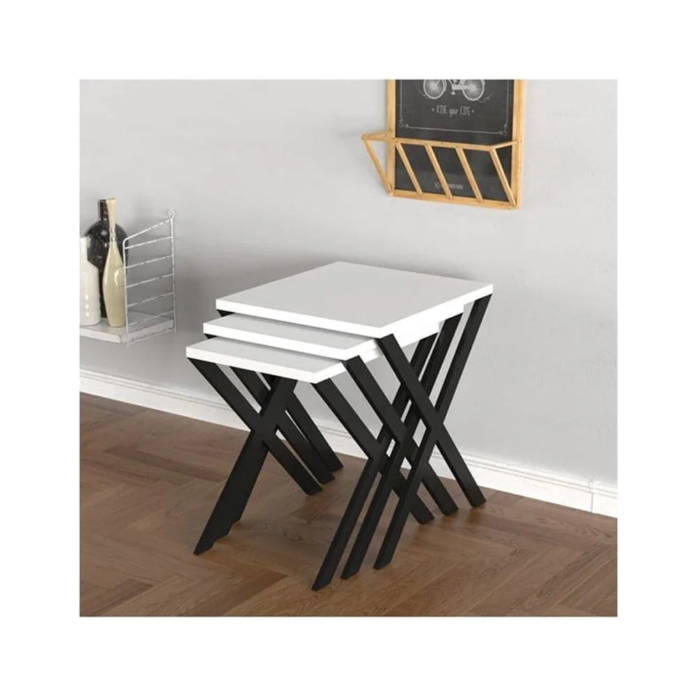 White 3 Pcs Wood Top Metal Legs Nesting Table L253