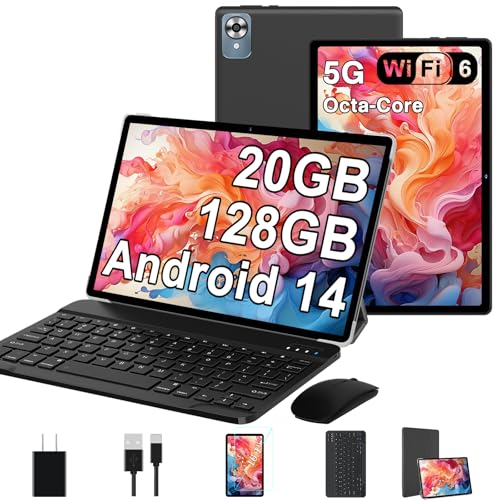 Android 14 Tablet with Keyboard 20GB+128GB 10.1 Inch Octa-Core 2-in-1 HD IPS Display Black P388