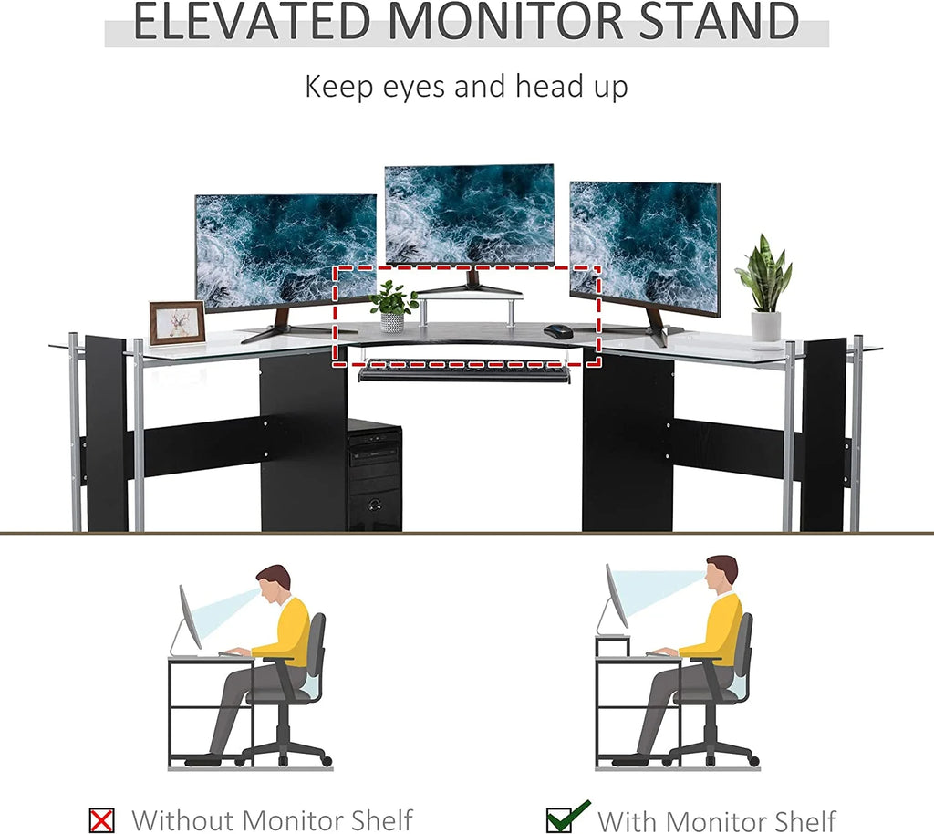 69" L-Shaped Tempered Glass Computer Desk with Monitor Stand Black Y84774