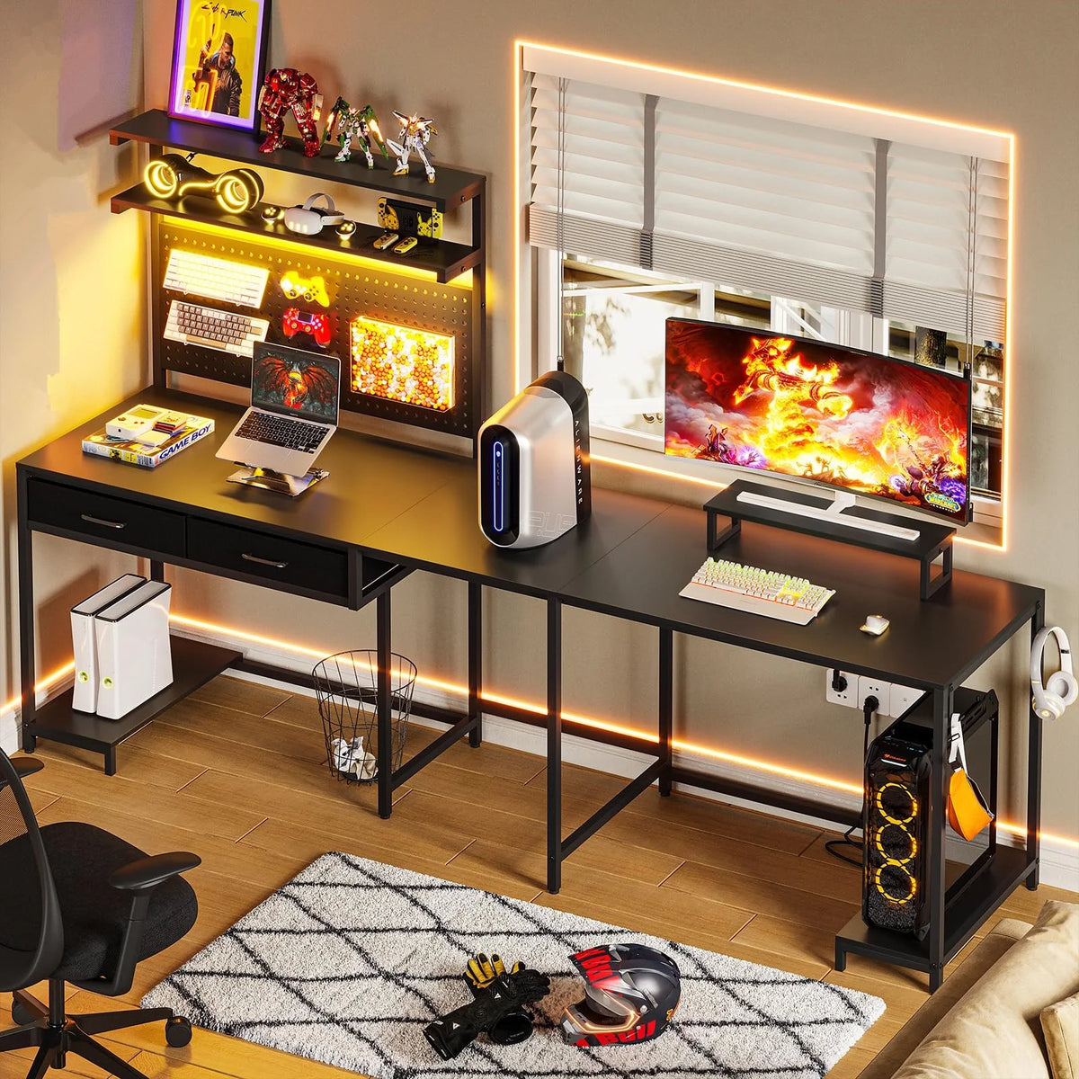 L Shaped Gaming Desk with LED Lights and Hutch D977