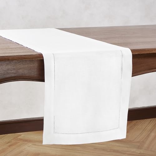 White Cotton Linen Table Runner with Embroidery V651
