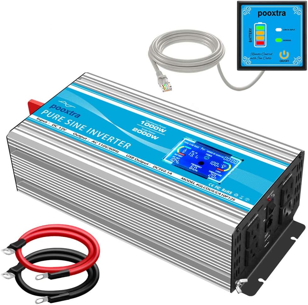 2000 Watt Pure Sine Wave Inverter 12V DC to 110V/120V AC with LCD Display & USB Port J3130