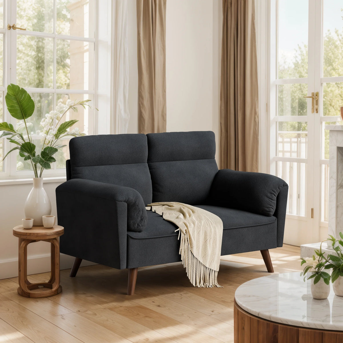 Black Upholstered 2-Seater Loveseat Sofa with Wood Legs B80707