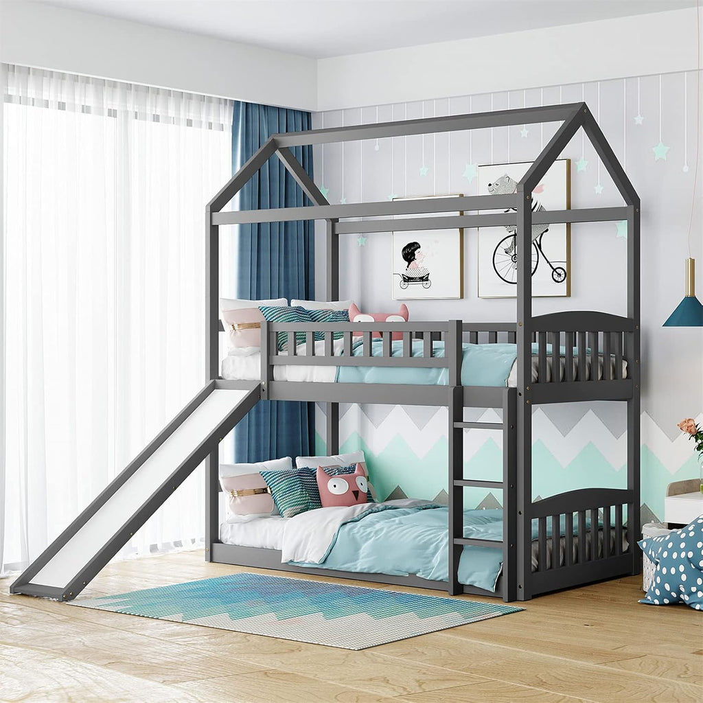White Twin Over Twin Wood Bunk Bed with Slide and Storage Staircase O101