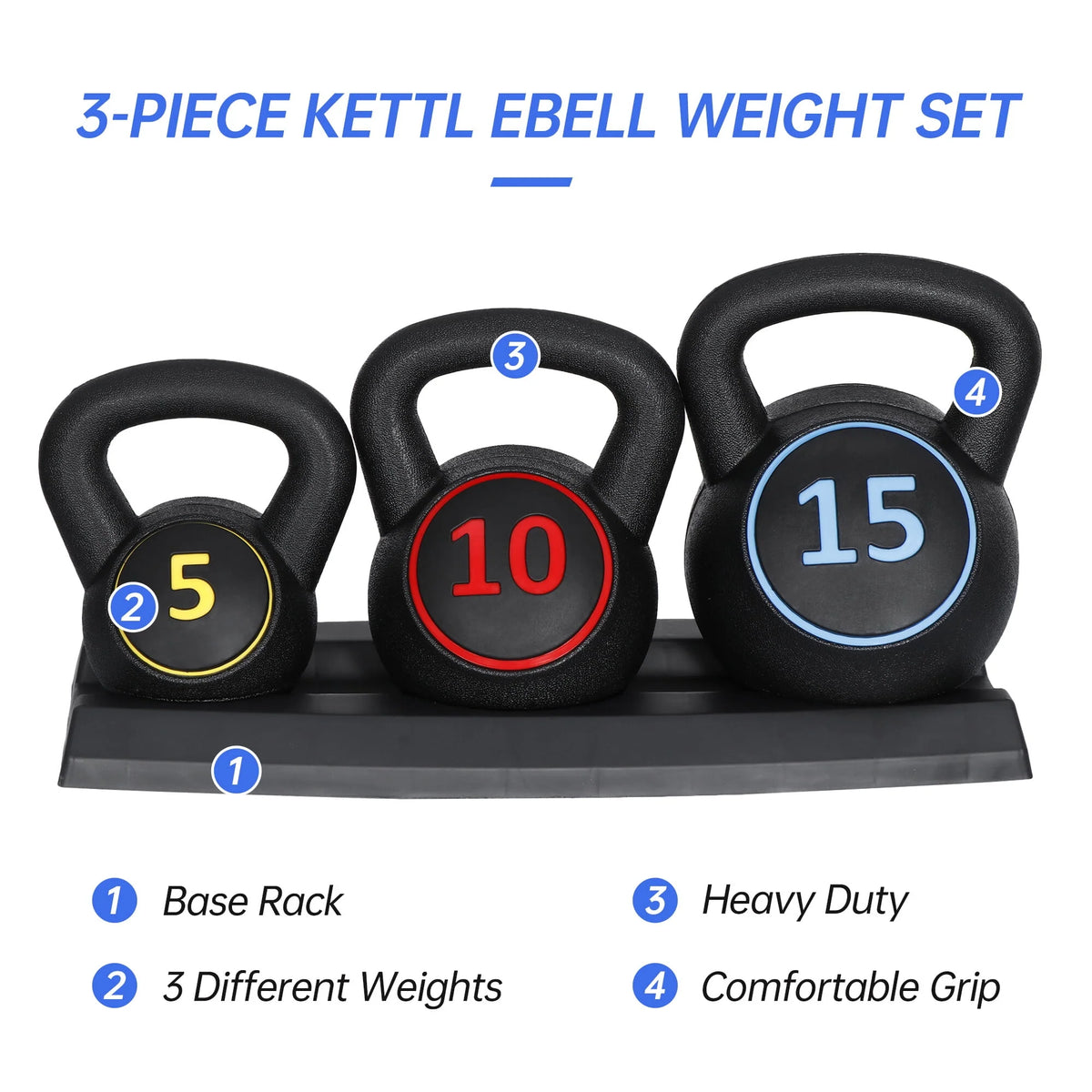 3 Piece 5lb 10lb 15lb Kettlebell Set with Storage Rack I20014