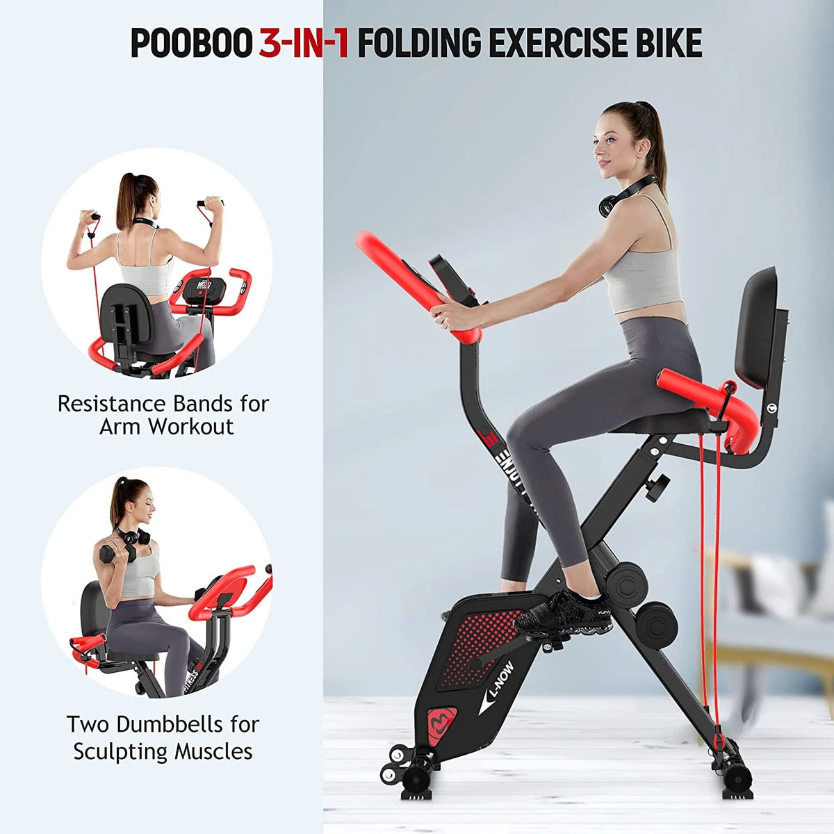 Foldable Magnetic Exercise Bike with Arm Resistance Bands R4947