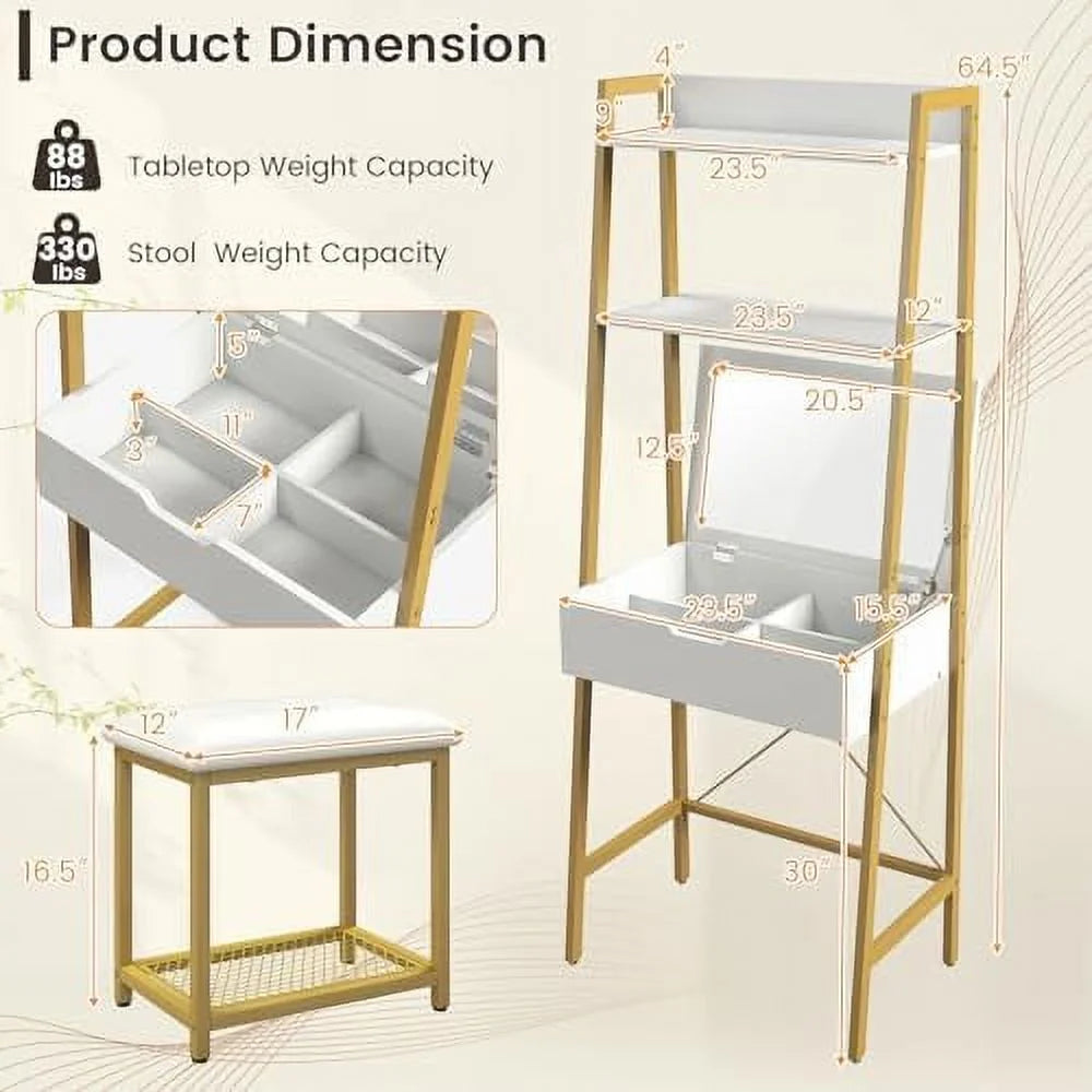 Black Brown Vanity Table Set with Flip Top Mirror and Cushioned Stool D30084