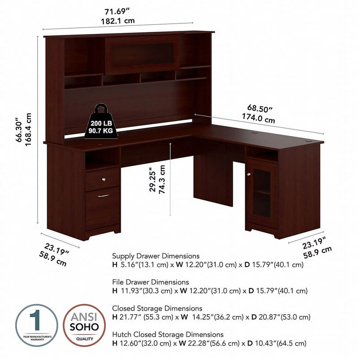 72W L Desk with Hutch in Harvest Cherry Engineered Wood J845