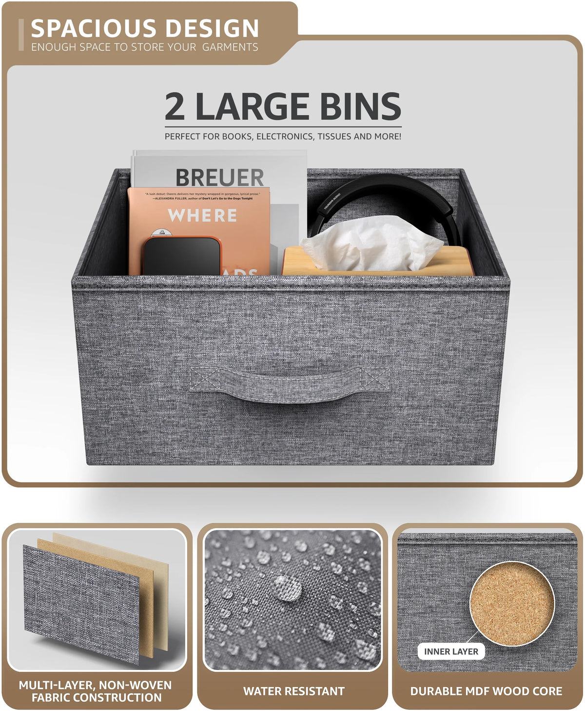 2 Drawer Nightstand with Steel Frame, Wood Top, Fabric Bins Y667