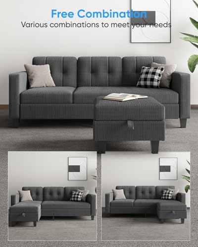 76 Inch Corduroy L Shaped Sectional Sofa with Storage Ottoman W278430