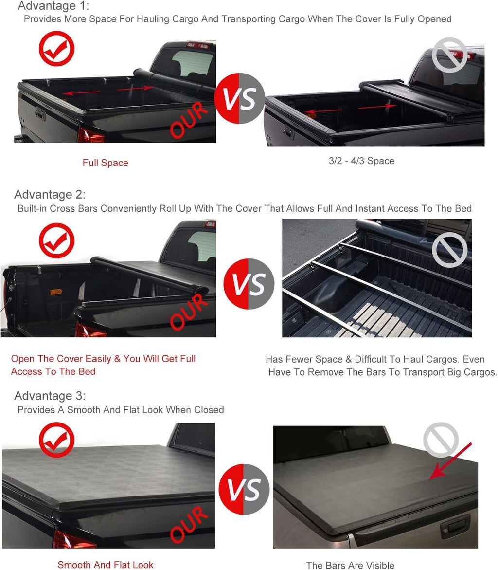 Black Vinyl Soft Roll-up Truck Bed Tonneau Cover with Rails I2580