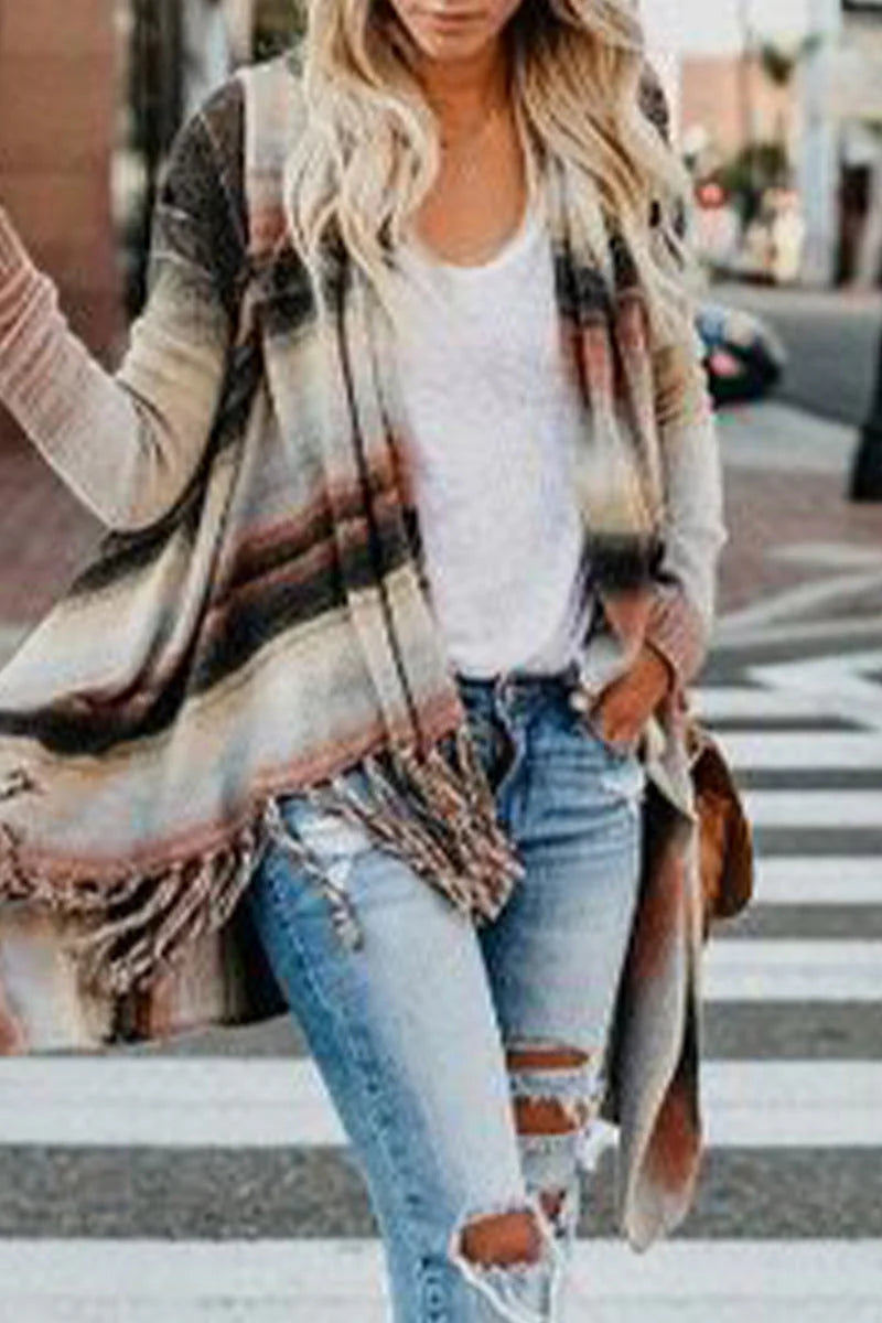 Striped Tassel Button Cardigan J579