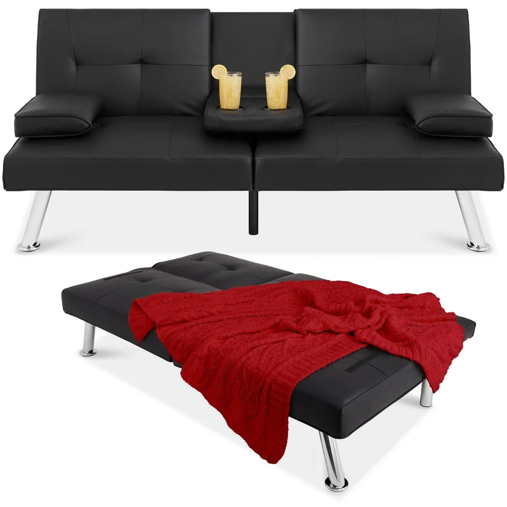 Black Faux Leather Convertible Sofa Futon with 2 Cup Holders Y19564