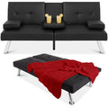 Black Faux Leather Convertible Sofa Futon with 2 Cup Holders Y19564
